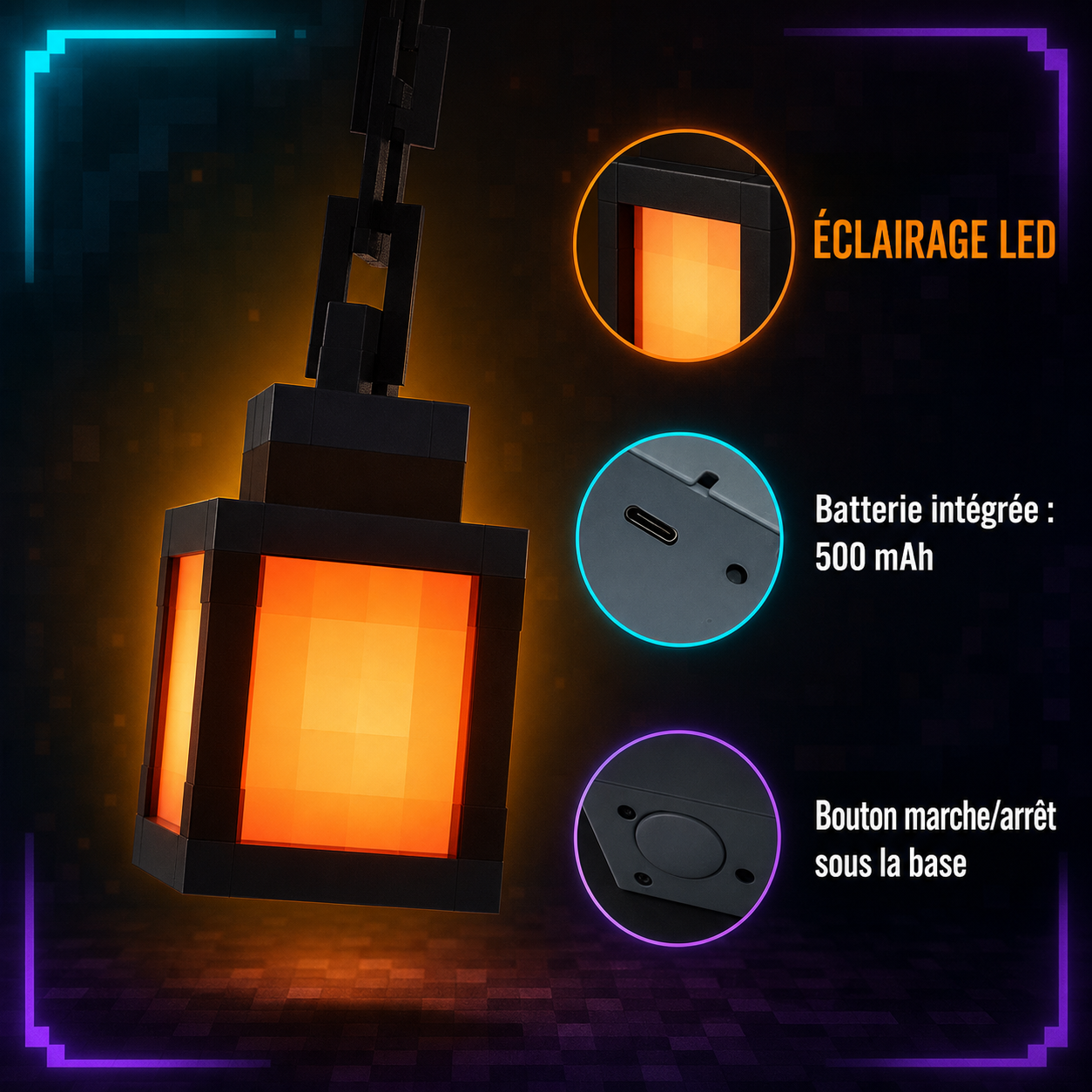 Lanterne pixel LED - éclairage LED, batterie 500 mAh, bouton marche/arrêt