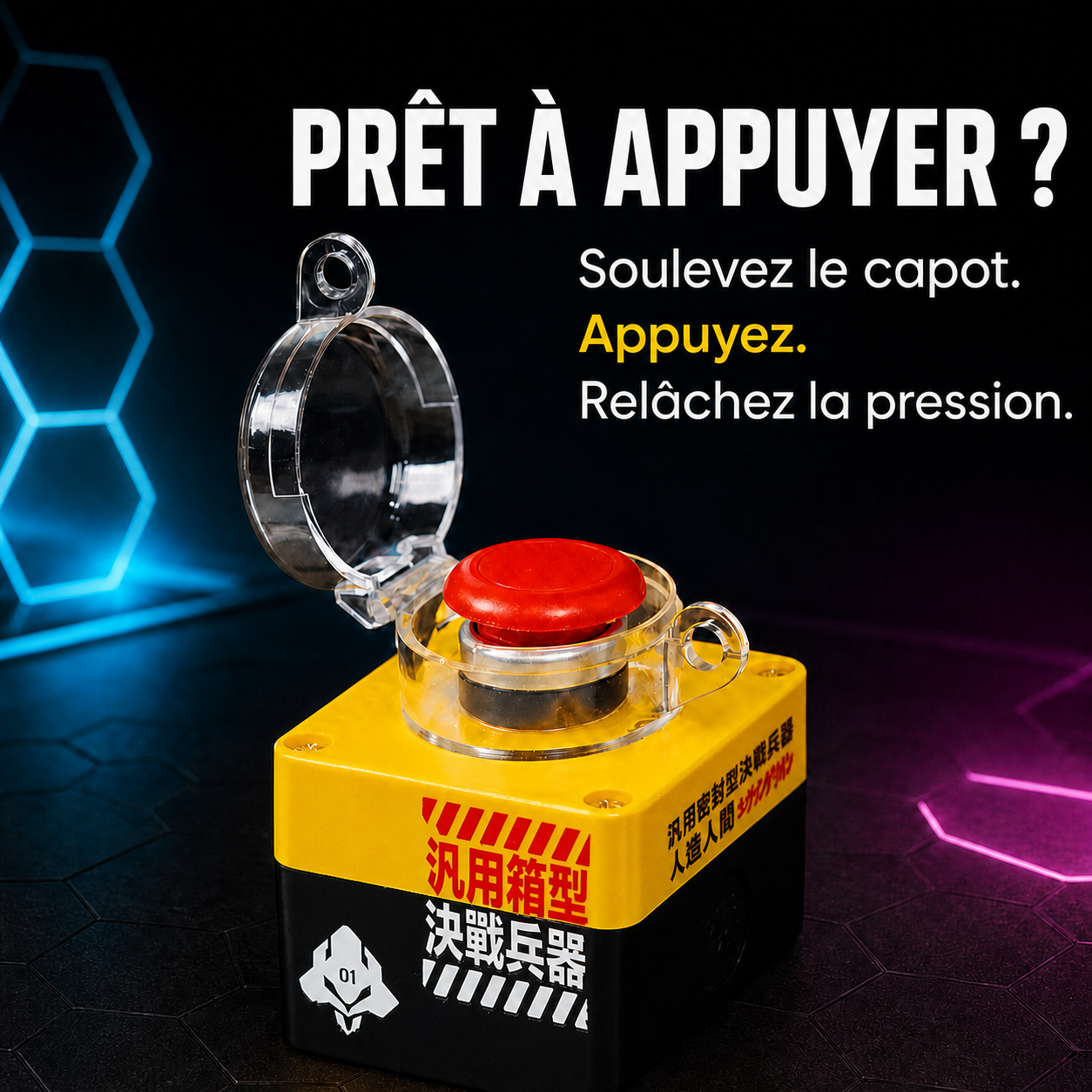 Prêt à appuyer - soulevez le capot, appuyez, relâchez la pression