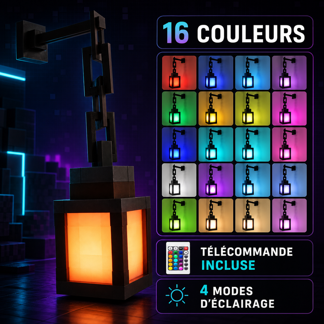 Lanterne pixel LED - 16 couleurs disponibles avec télécommande