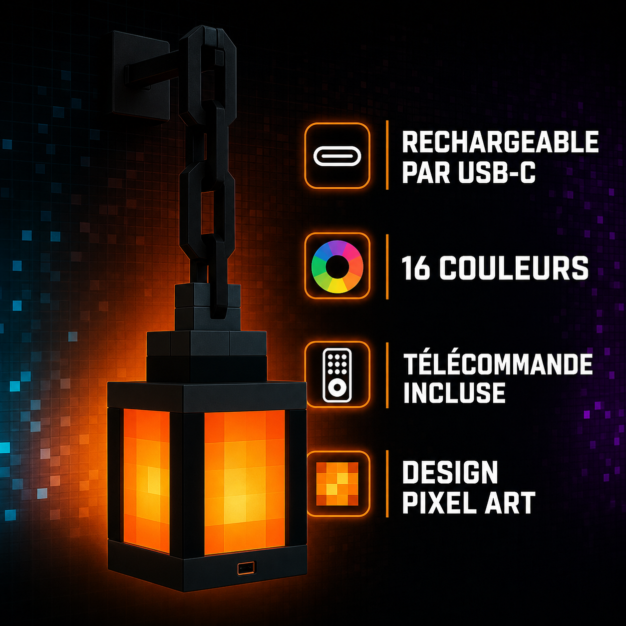 Lanterne pixel LED - rechargeable USB-C, 16 couleurs, télécommande incluse