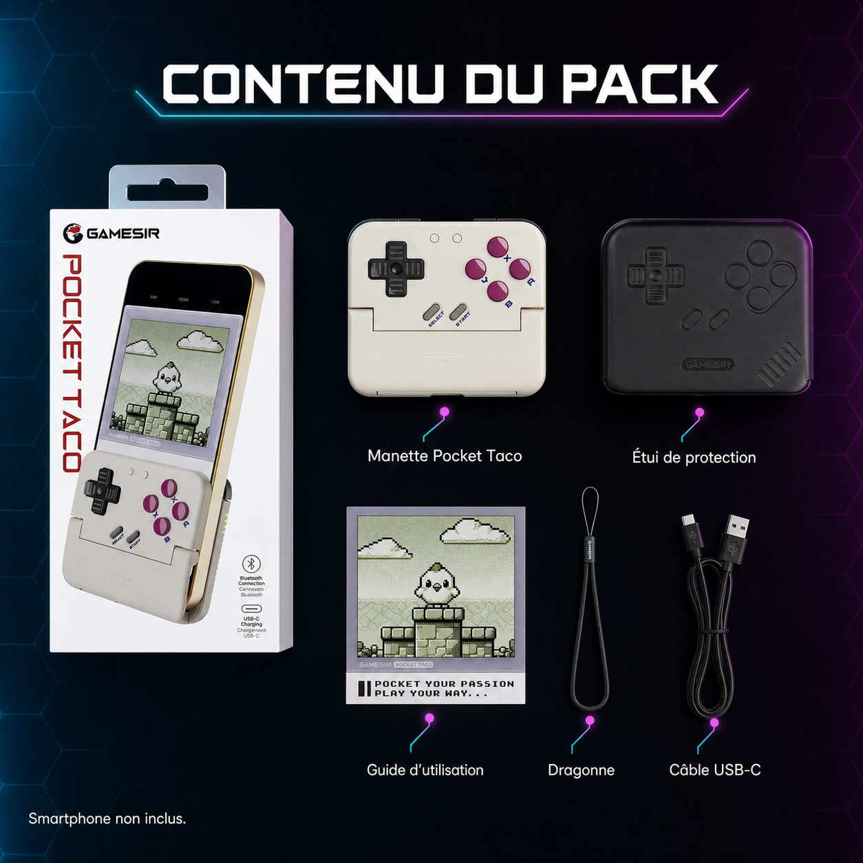 GameSir Pocket Taco - contenu du pack : manette, étui, dragonne, câble USB-C